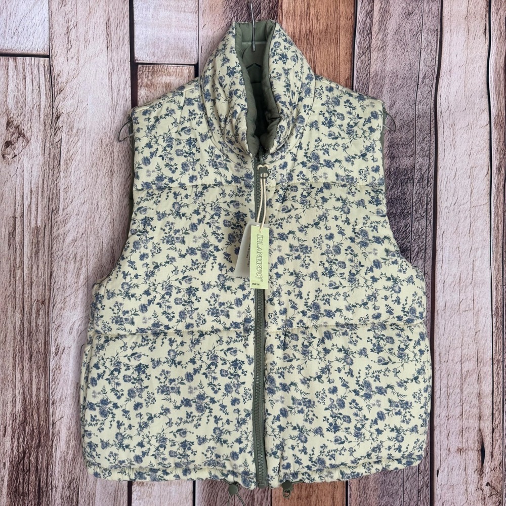 BLANK NYC Reversible Puffer Vest Floral Lightweight Green Layering Size M NWT
